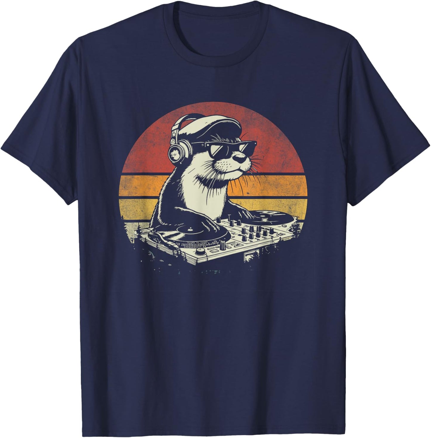 DJ Sea Otter Music Mixer Vintage Funny Retro Music Dj Otter T-Shirt - T-Shirt | Navy