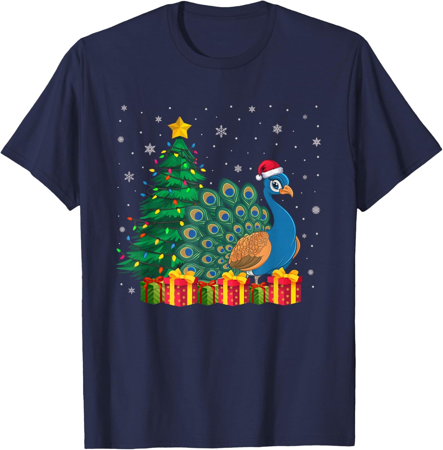 Ugly Peacock Santa Hat Christmas Tree Lights Pajama T-Shirt - T-Shirt | Navy