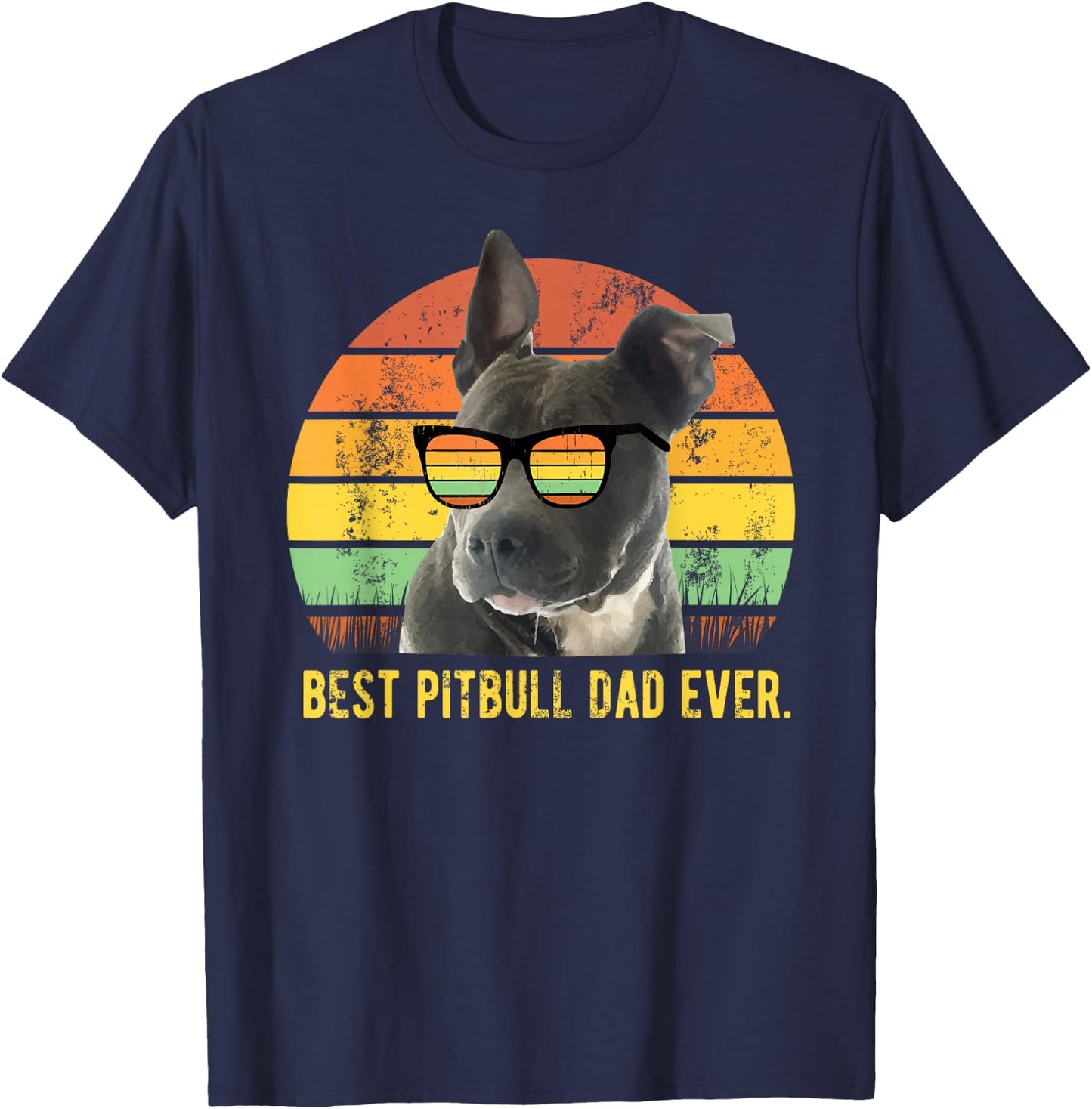 Best Pitbull Dad Ever Retro Sunset Vintage Pit Bull Father T-Shirt - T-Shirt | Navy