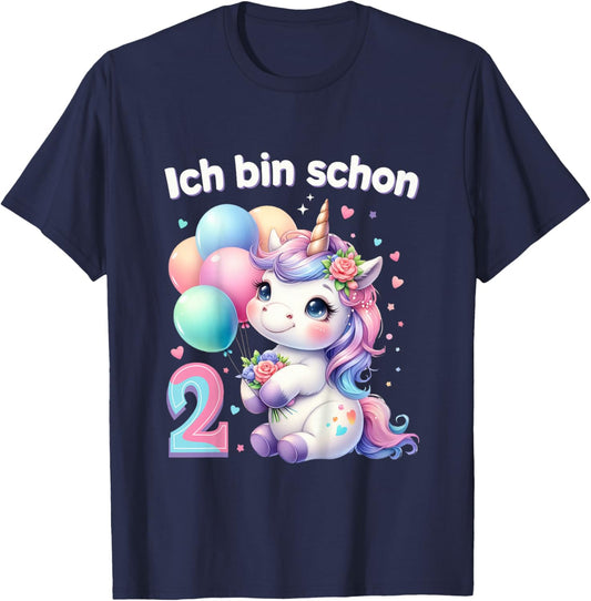 Children's 2nd Birthday Girl 2 Years Unicorn Party Outfit Unicorn , black T-Shirt - T-Shirt | Navy