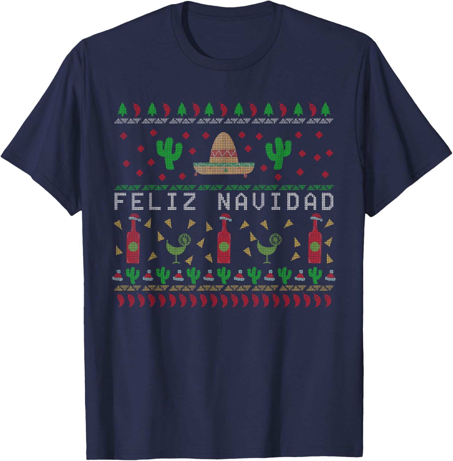 Feliz Navidad Mexican Ugly Christmas Sweater T-Shirt - T-Shirt | Navy