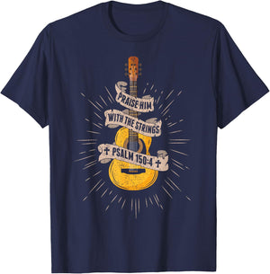 Praise Him With The Strings Jesus Acoustic Guitar Christian T-Shirt - T-Shirt | Navy