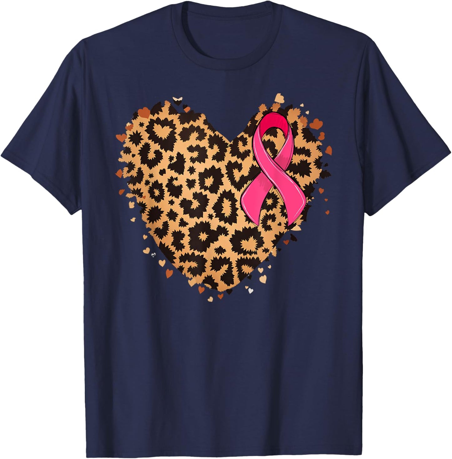 Breast cancer Pink ribbon Cheetah Leopard Heart Print T-Shirt - T-Shirt | Navy