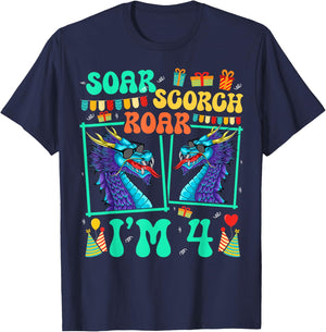 Soar Scorch Roar I'm 4 Dragon Lover Kid 4th Birthday T-Shirt - T-Shirt | Navy