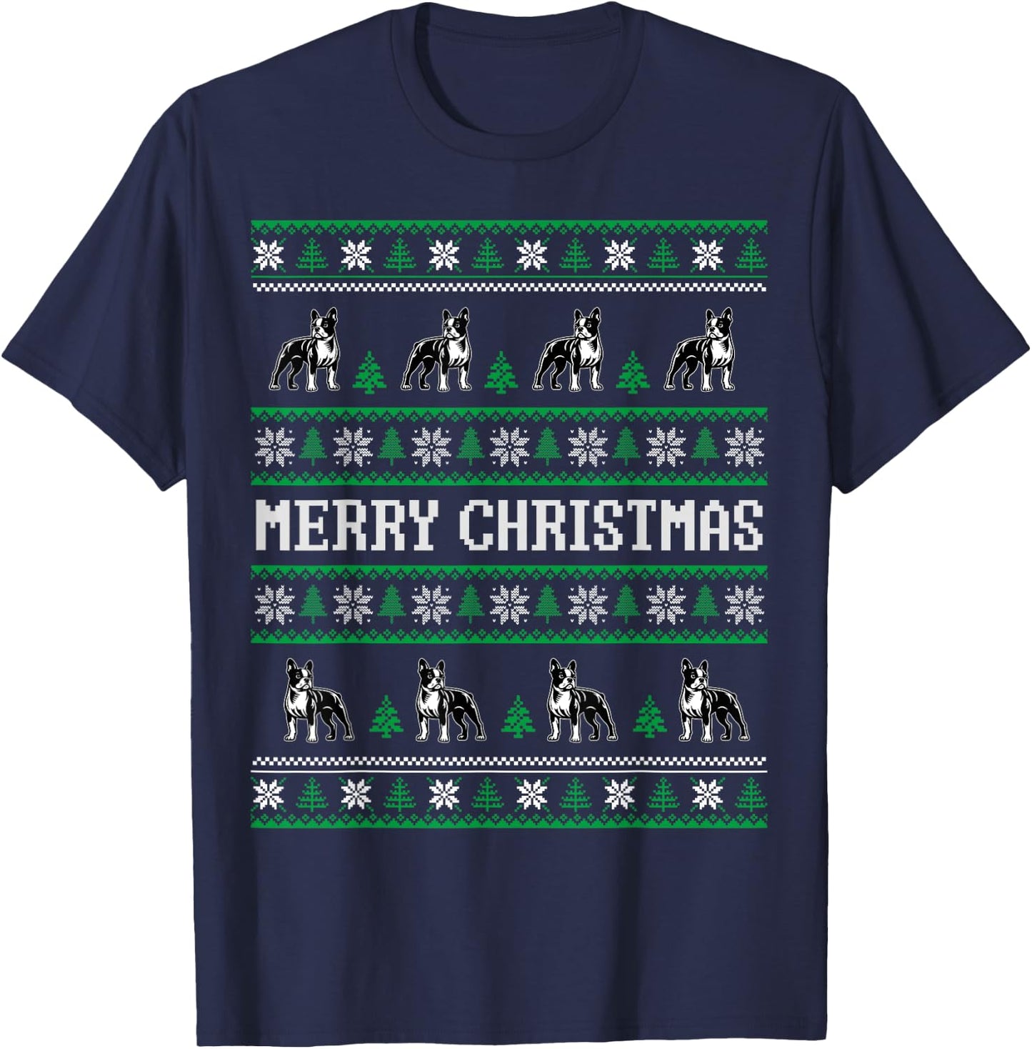 Ugly Sweater Boston Terrier Dog Christmas Dog Lover Xmas Men Women Kids T-Shirt - T-Shirt | Navy