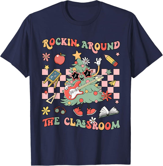 Rocking Around The Classroom Christmas Tree Guitar Student T-Shirt - T-Shirt | Navy