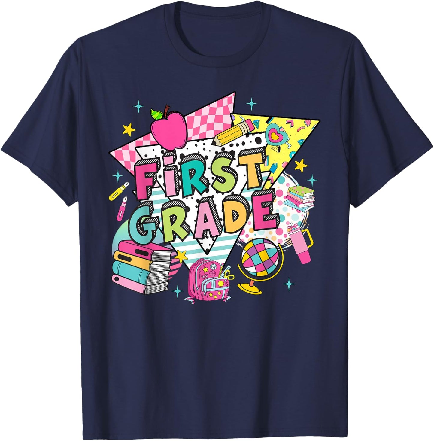 First Grade Teachers Students Retro 90s Back To School T-Shirt - T-Shirt | Navy