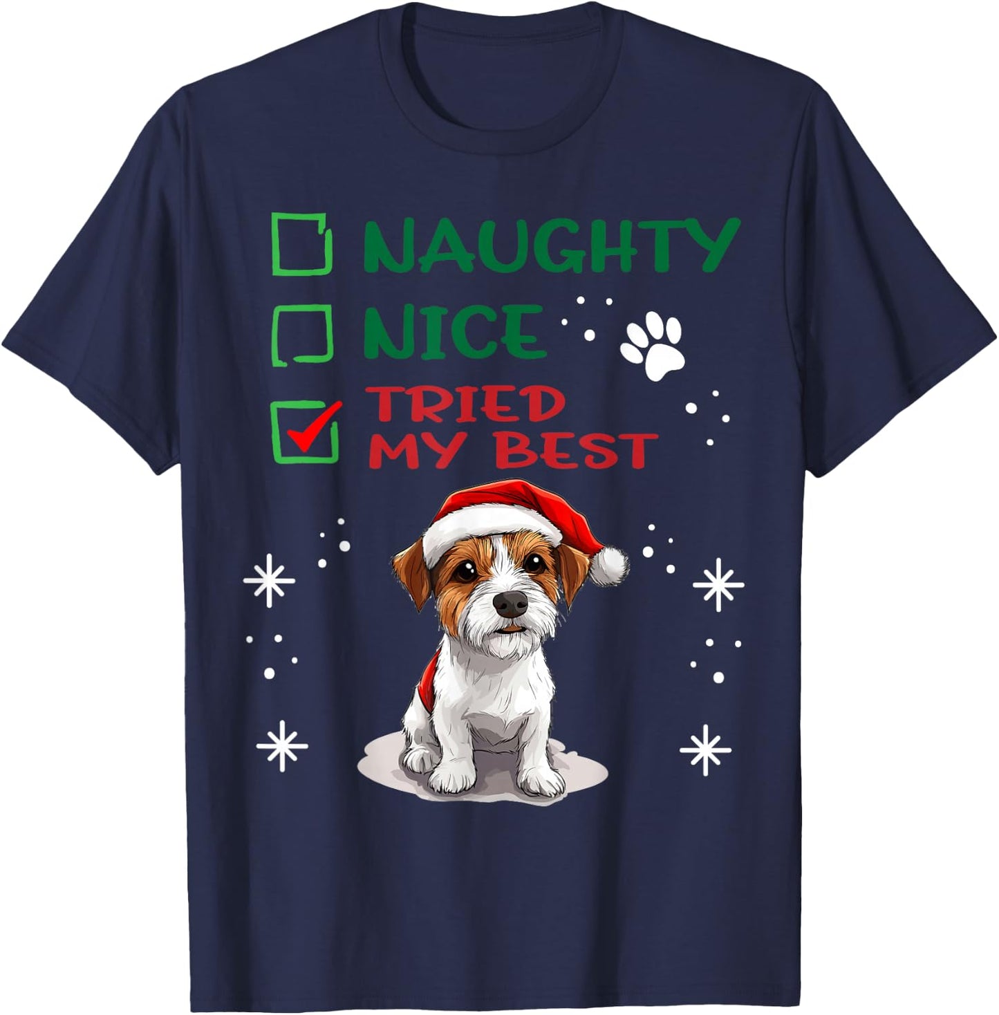 Cute Parson Russell Terrier Dog Christmas Naughty Nice Tried T-Shirt - T-Shirt | Navy