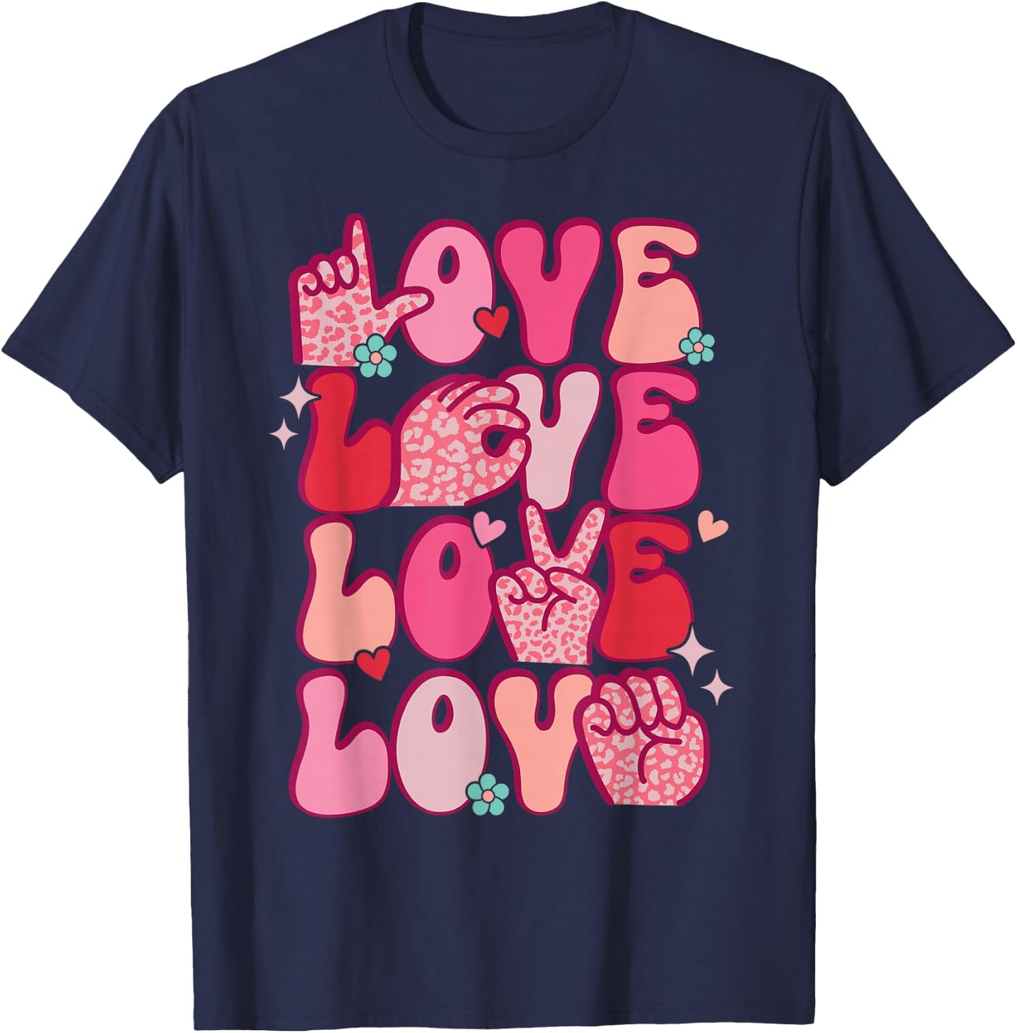 Groovy Sign Language Valentines Day LOVE ASL Finger Spelling T-Shirt - T-Shirt | Navy