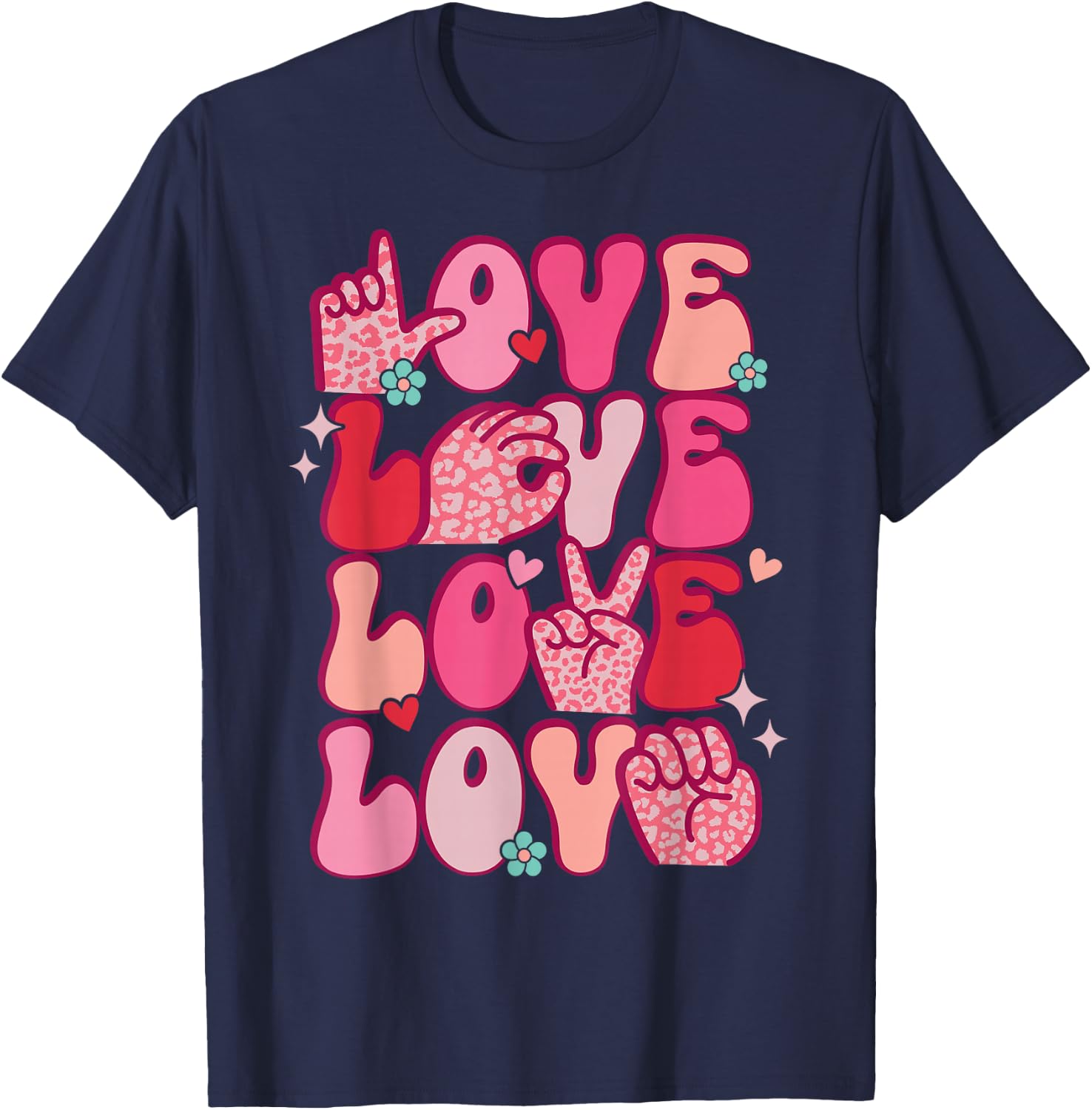 Groovy Sign Language Valentines Day LOVE ASL Finger Spelling T-Shirt - T-Shirt | Navy