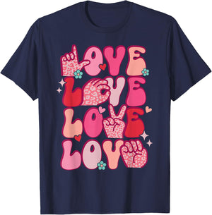 Groovy Sign Language Valentines Day LOVE ASL Finger Spelling T-Shirt - T-Shirt | Navy