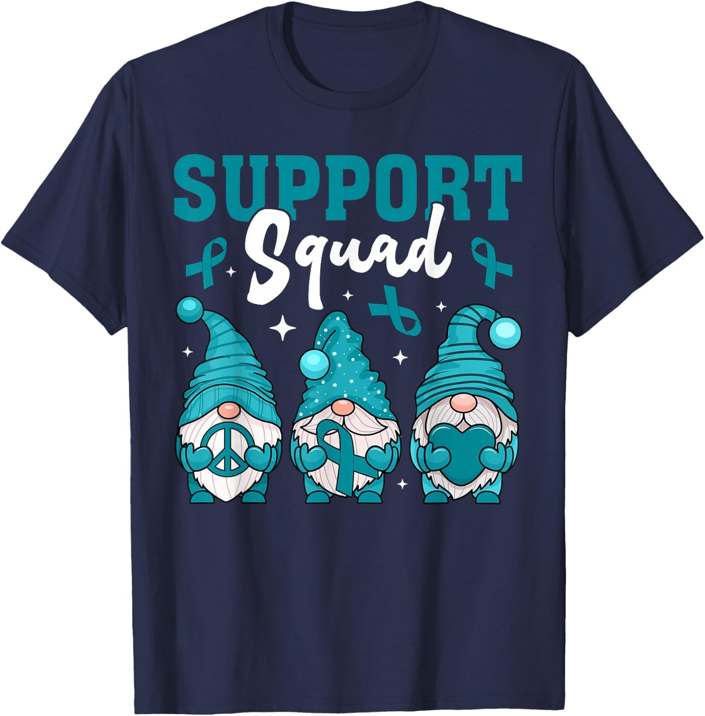 Support Squad Ovarian Cancer Awareness Gnomes & Teal Ribbon T-Shirt - T-Shirt | Navy