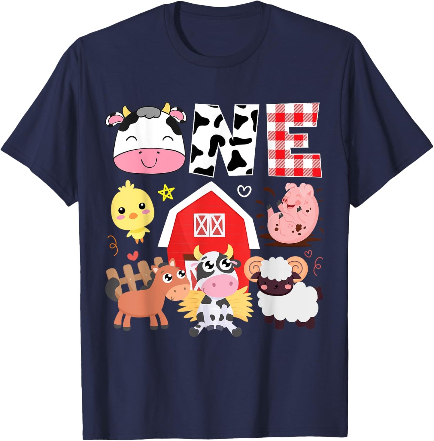 1st Birthday One Year Old Farm Theme Animals Birthday Party T-Shirt - T-Shirt | Navy