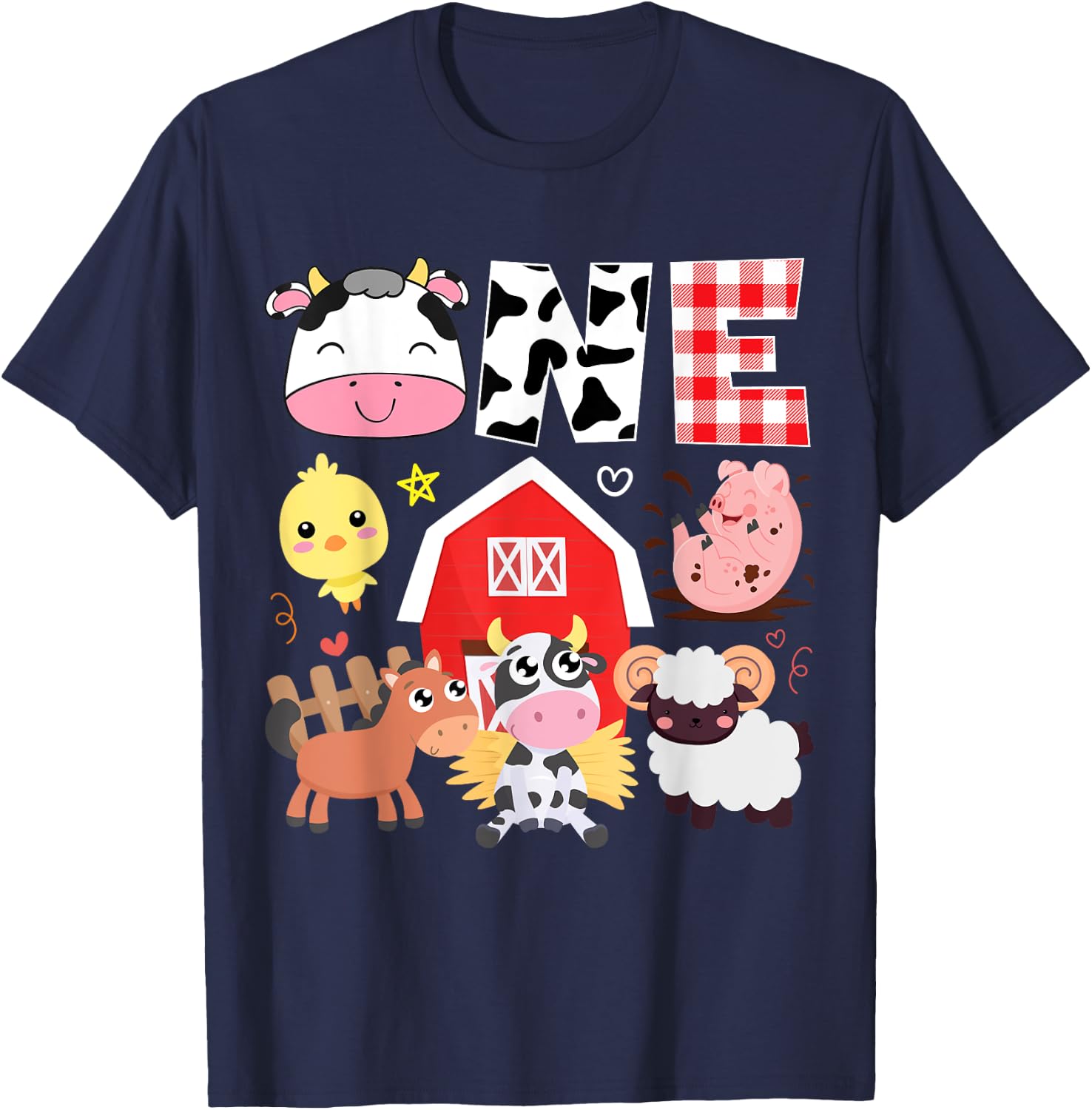 1st Birthday One Year Old Farm Theme Animals Birthday Party T-Shirt - T-Shirt | Navy