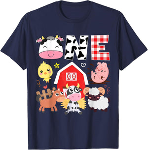 1st Birthday One Year Old Farm Theme Animals Birthday Party T-Shirt - T-Shirt | Navy