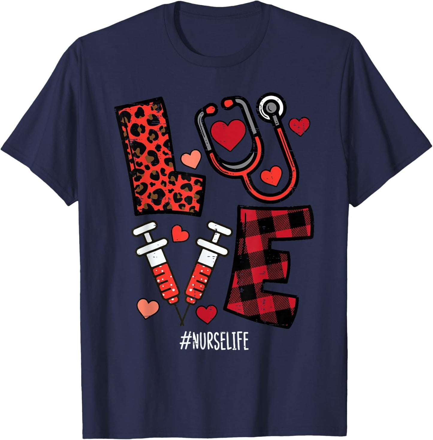 Valentines Day Leopard Plaid Nurse Nursing Scrub Top Women T-Shirt - T-Shirt | Navy