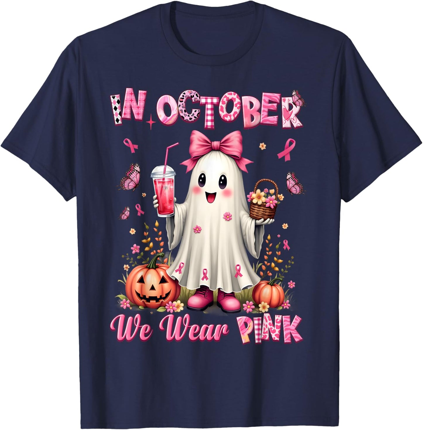 In October We Wear Pink Ghost Breast Cancer Awareness T-Shirt - T-Shirt | Navy
