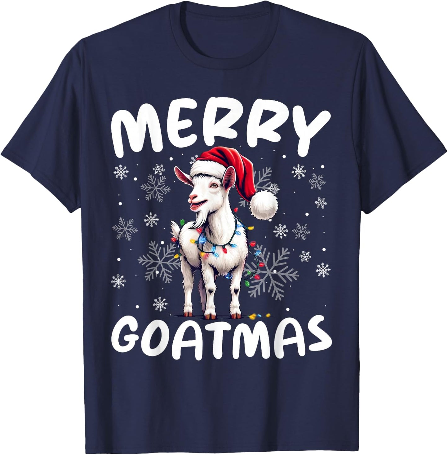 Goat Funny Merry Goatmas Santa Hat Sunglass Snowflakes Xmas T-Shirt - T-Shirt | Navy