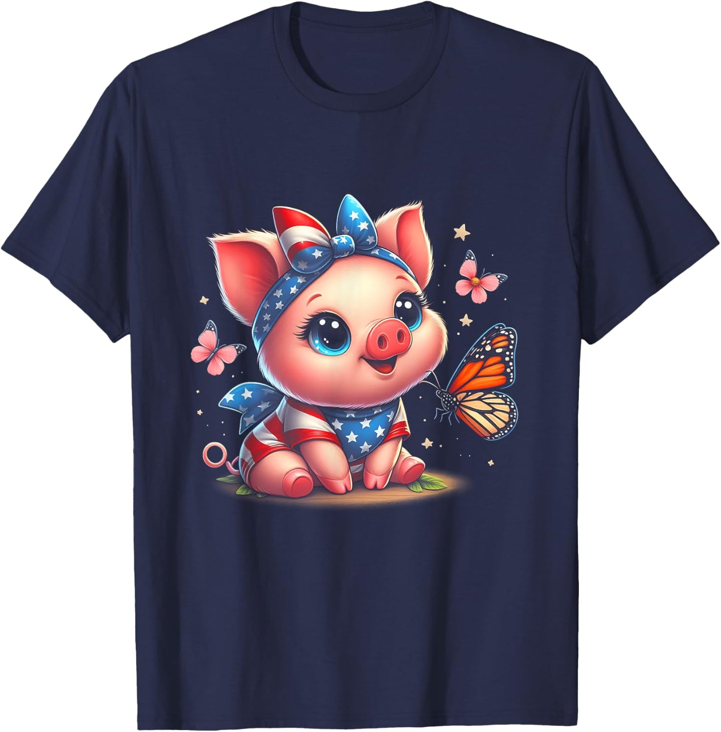 Cute Pig With Bandana Pigs Lover American Flag 4th Of July T-Shirt - T-Shirt | Navy