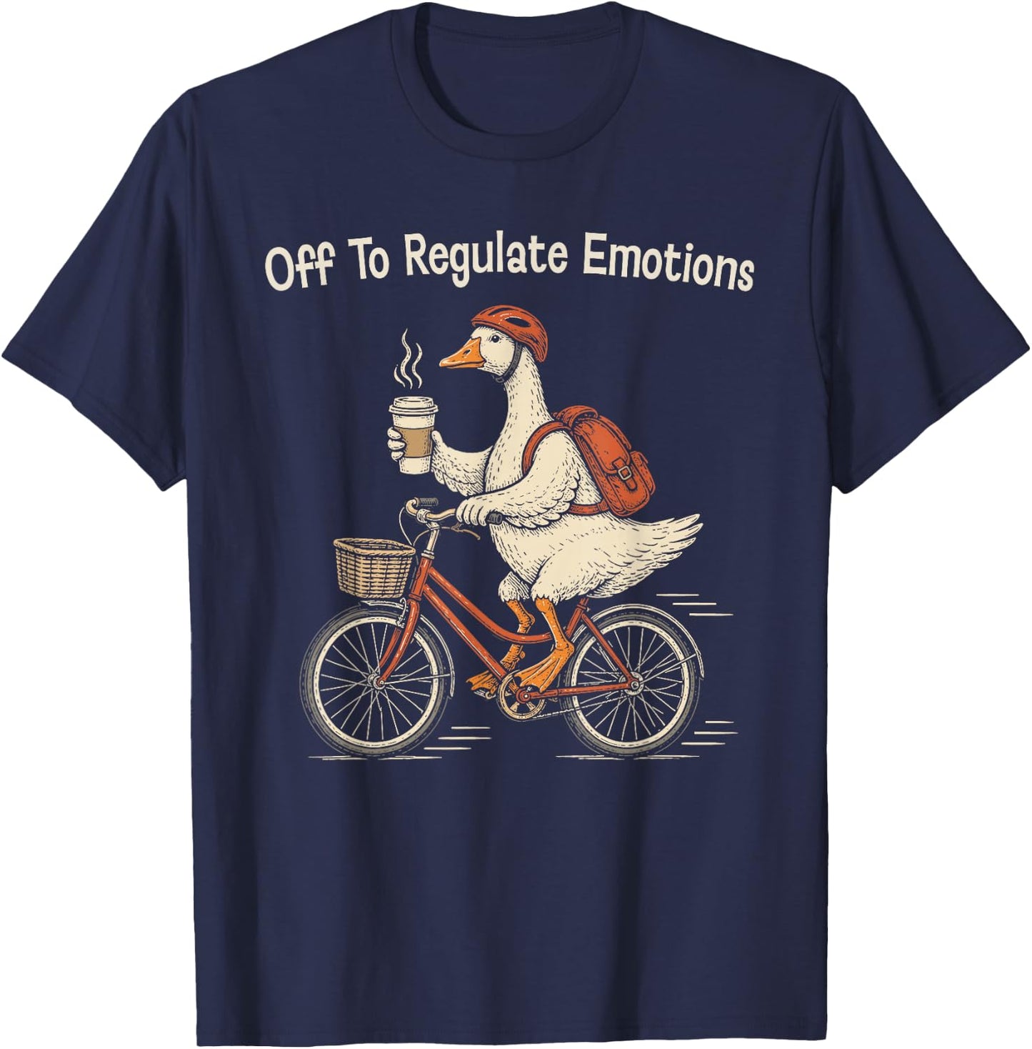Off to Regulate Emotions Goose On Bicycle Funny Therapy Meme T-Shirt - T-Shirt | Navy