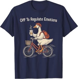 Off to Regulate Emotions Goose On Bicycle Funny Therapy Meme T-Shirt - T-Shirt | Navy