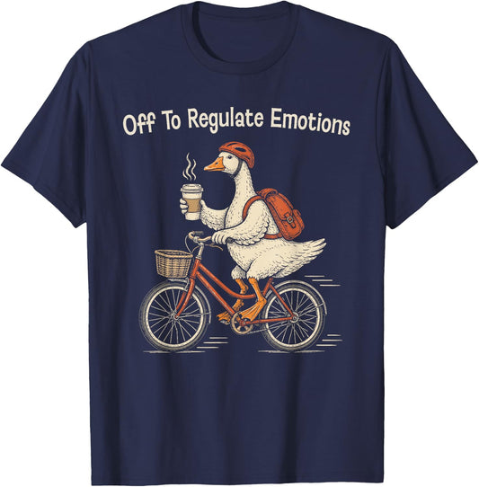 Off to Regulate Emotions Goose On Bicycle Funny Therapy Meme T-Shirt - T-Shirt | Navy