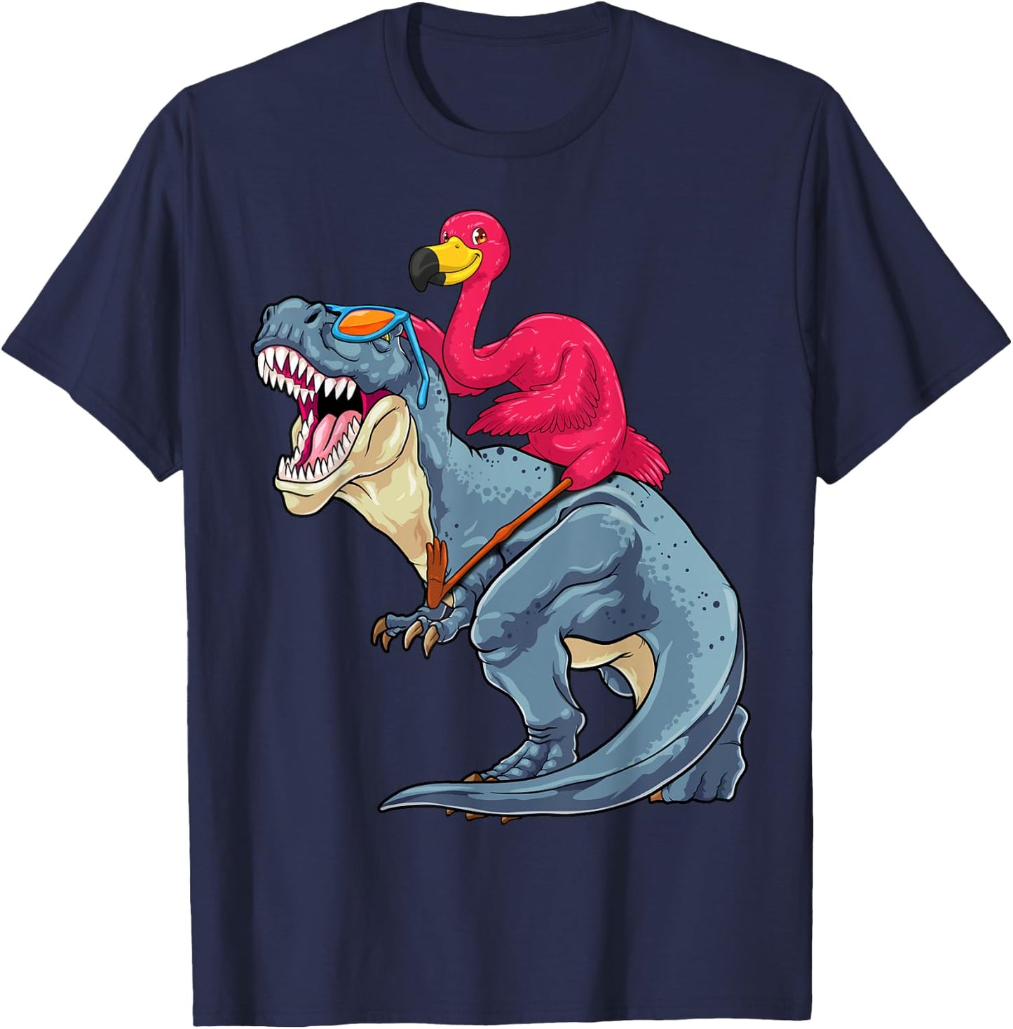 Flamingo Riding Dinosaur T-Rex Funny Flock Bird Dino Pun T-Shirt - T-Shirt | Navy