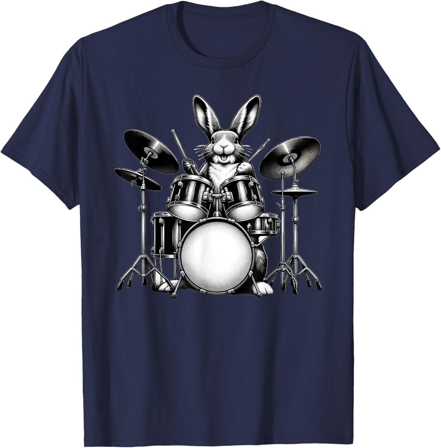 Cute Rabbit Bunny Playing Drums Rabbits Drummer Music T-Shirt - T-Shirt | Navy