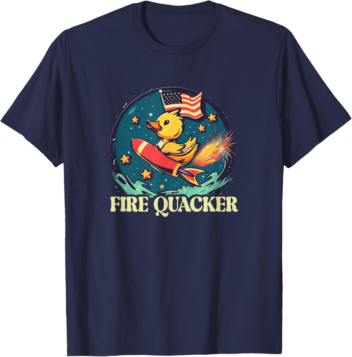 Funny Fireworks with Goose Duck - Fire Quacker T-Shirt - T-Shirt | Navy