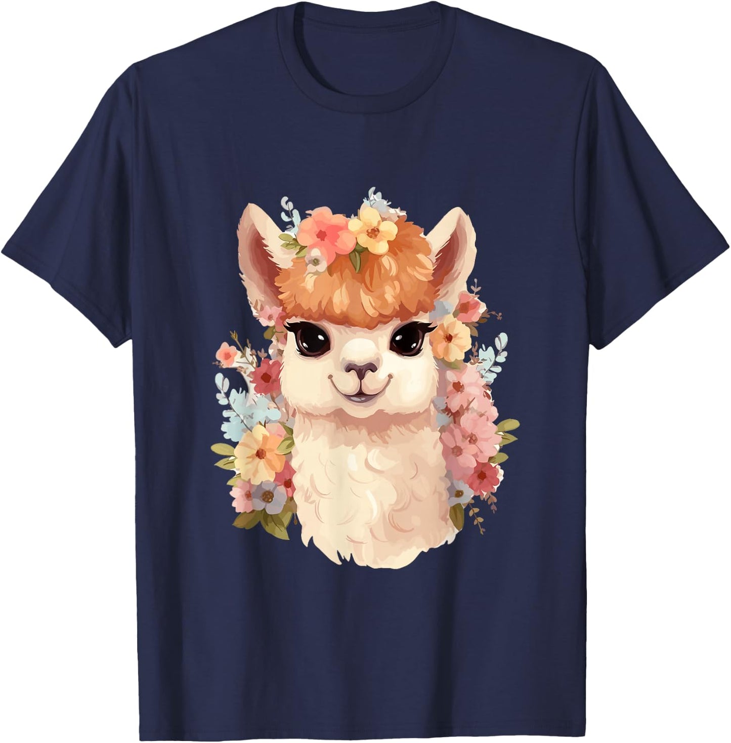 Alpaca with flowers, cute alpaca and llama T-Shirt - T-Shirt | Navy