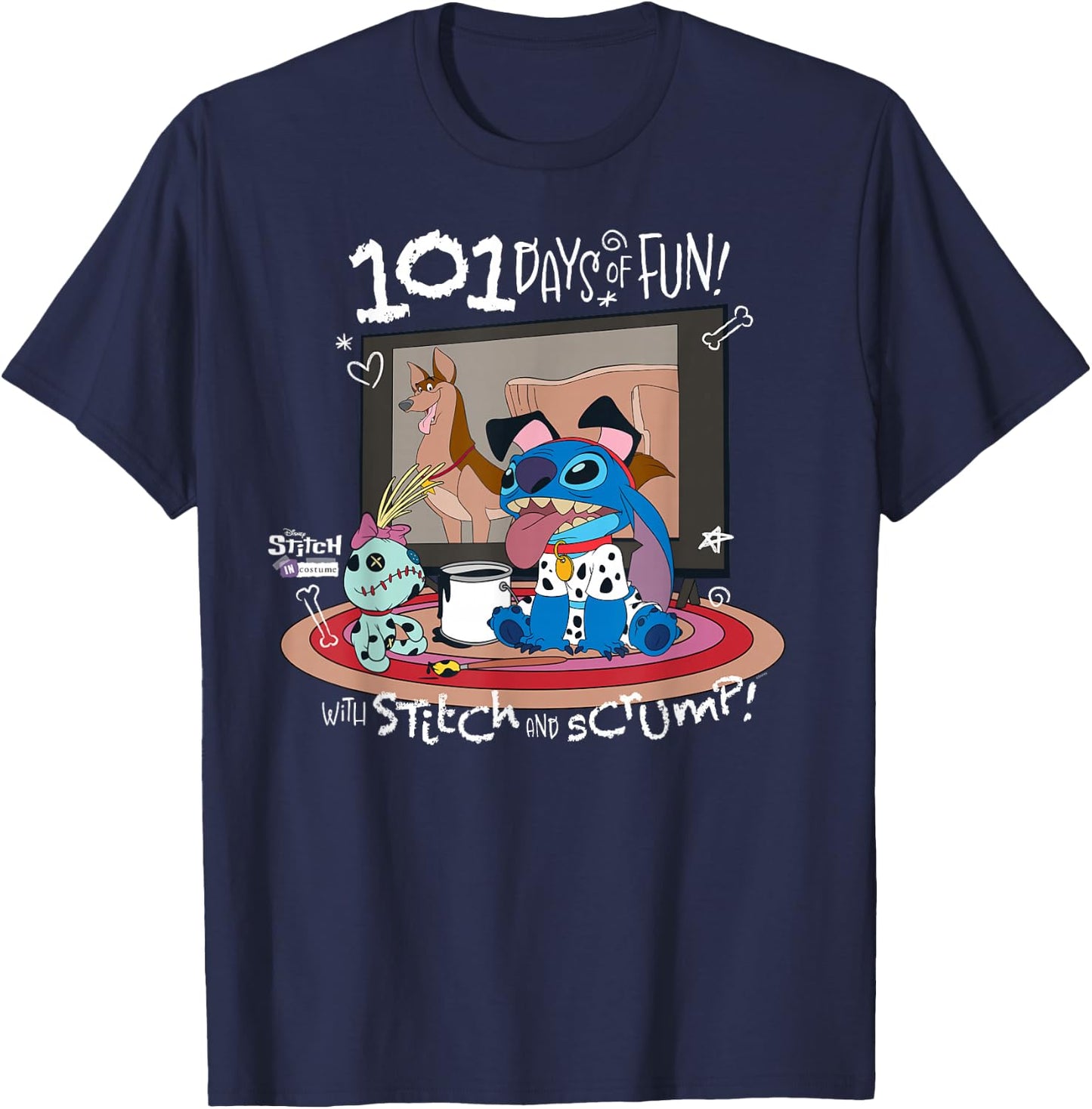 Disney 100 Stitch in Costume 101 Dalmatians Fun & Scrump T-Shirt - T-Shirt | Navy