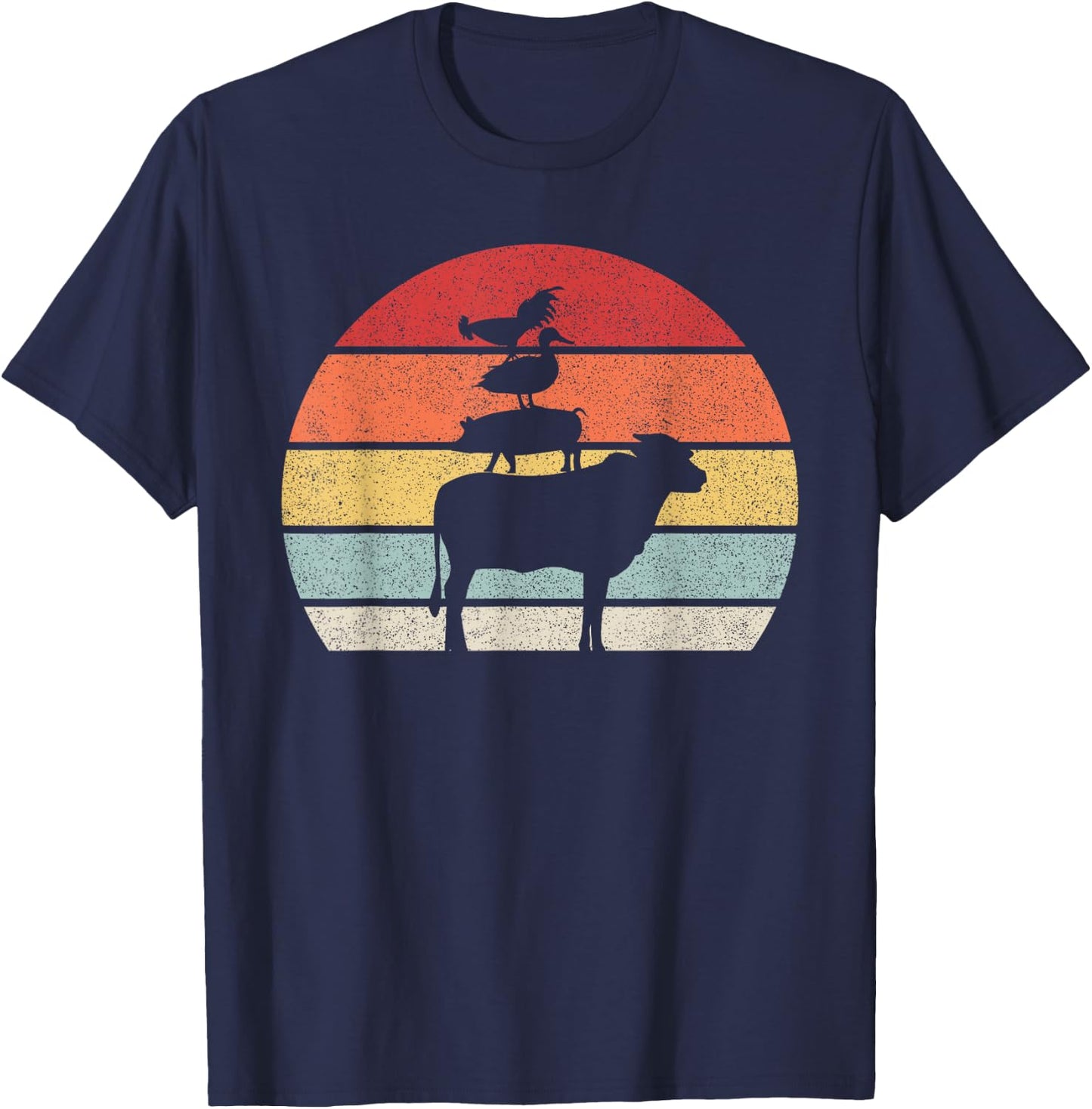 Retro Farm Animals Shirt Animal Lover Cow Pig Duck & Chicken T-Shirt - T-Shirt | Navy