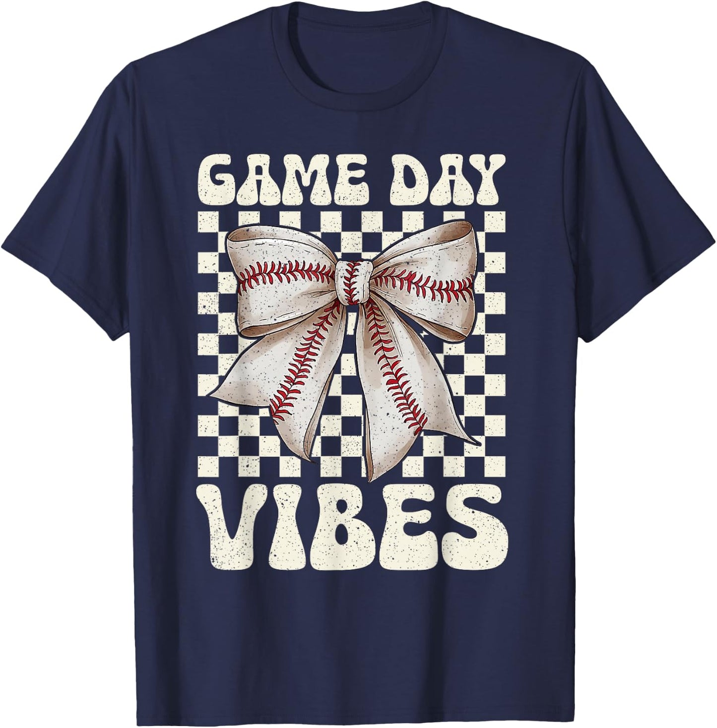 Coquette Bow Baseball Game Day Vibes Groovy Women Kids T-Shirt - T-Shirt | Navy