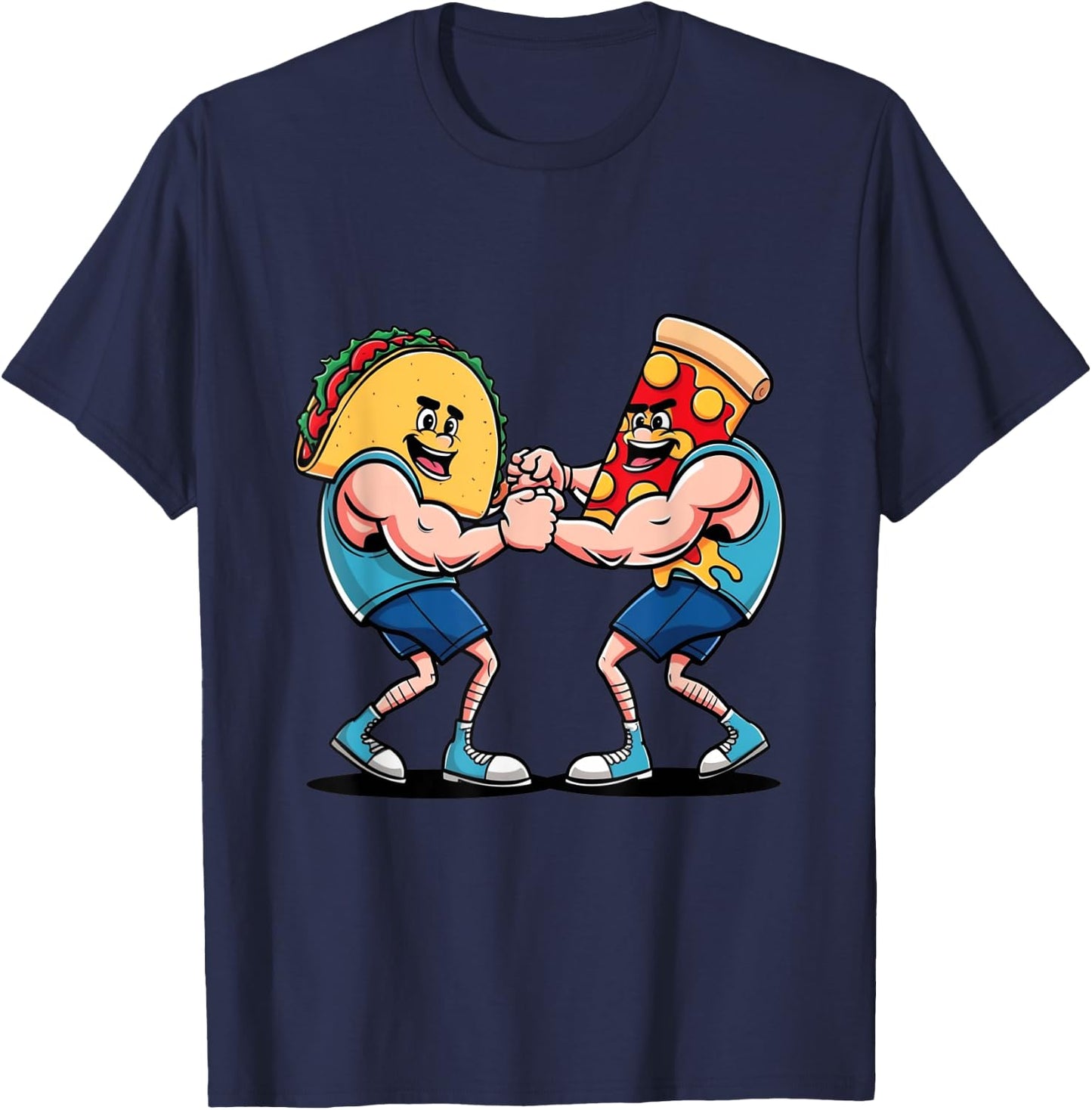 Taco Versus Pizza Anthropomorphic Arm Wrestling T-Shirt - T-Shirt | Navy