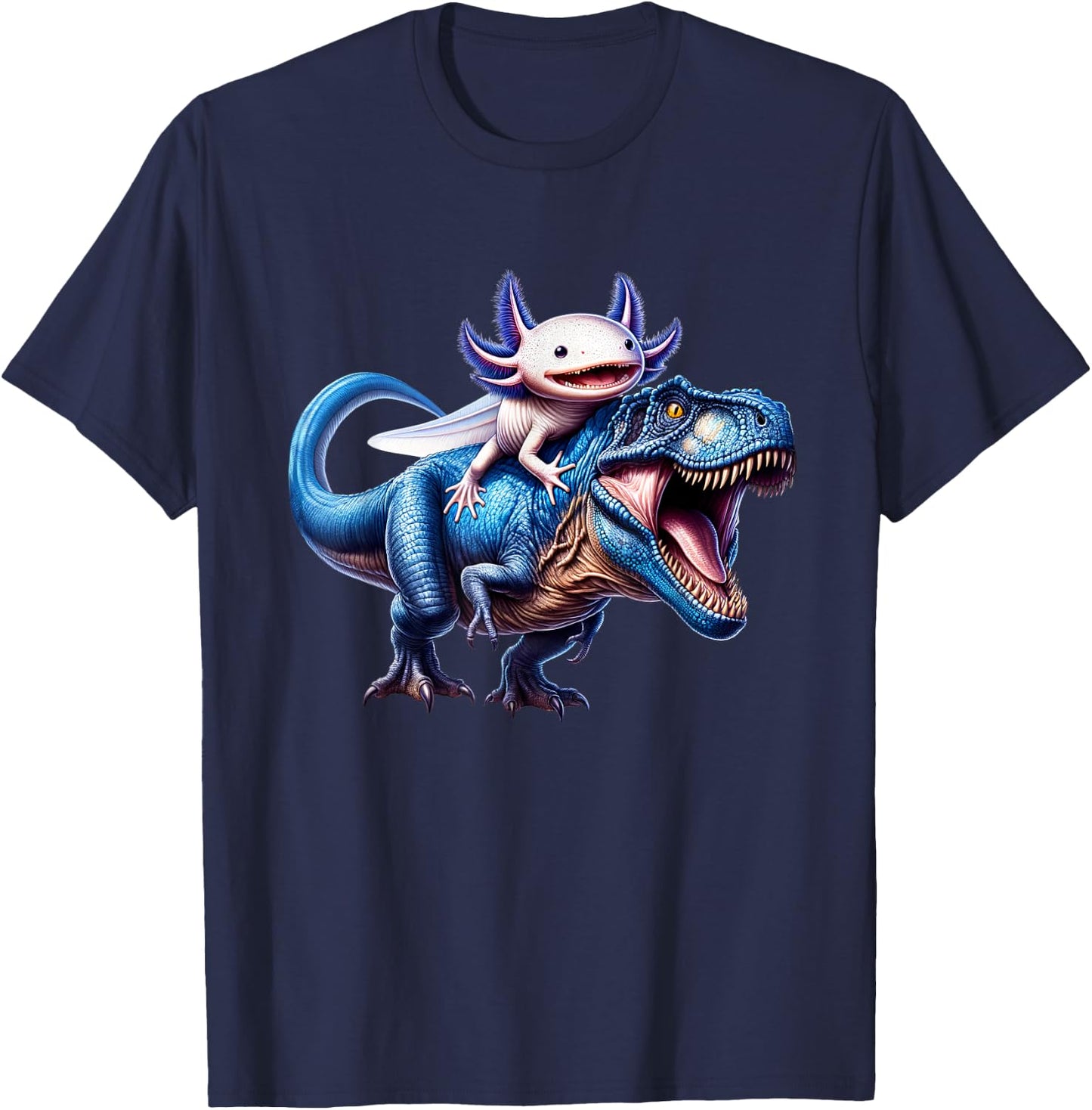 Axolotl Riding T-Rex Dinosaur Lover T-Shirt - T-Shirt | Navy