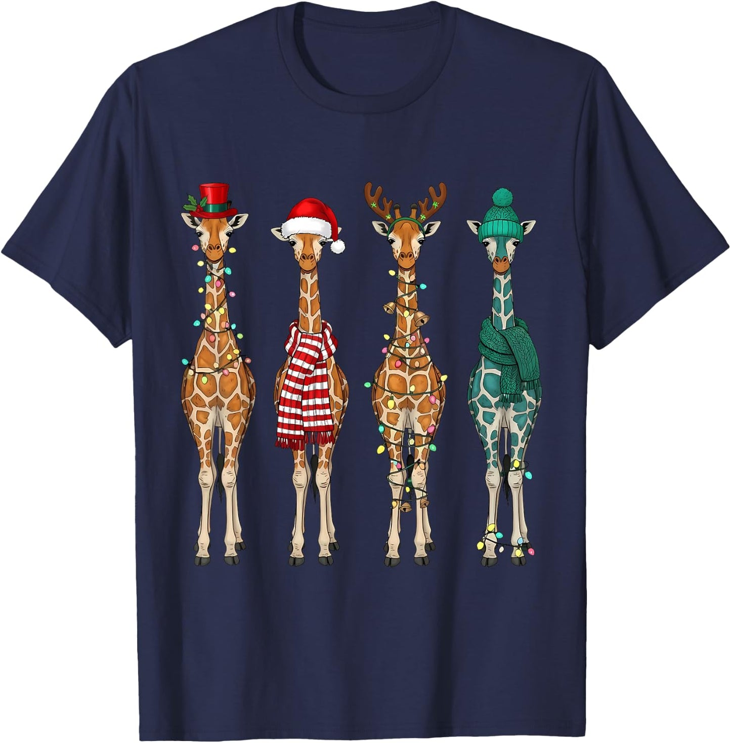 Cute Christmas Giraffe Santa Hat Xmas Lights Holiday Animal T-Shirt - T-Shirt | Navy