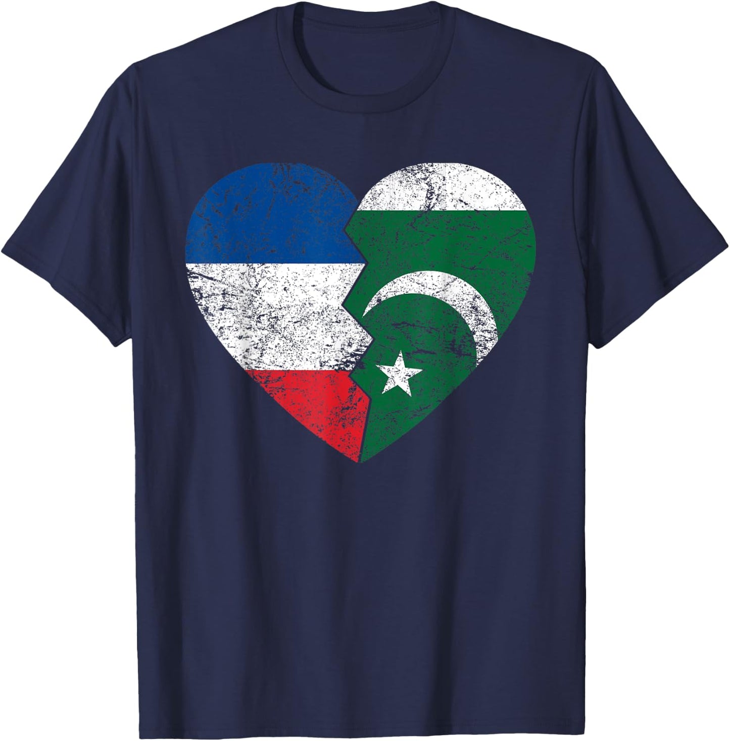 French Pakistani Heart Flag | France Pakistan Roots Vintage , Black, S T-Shirt - T-Shirt | Navy