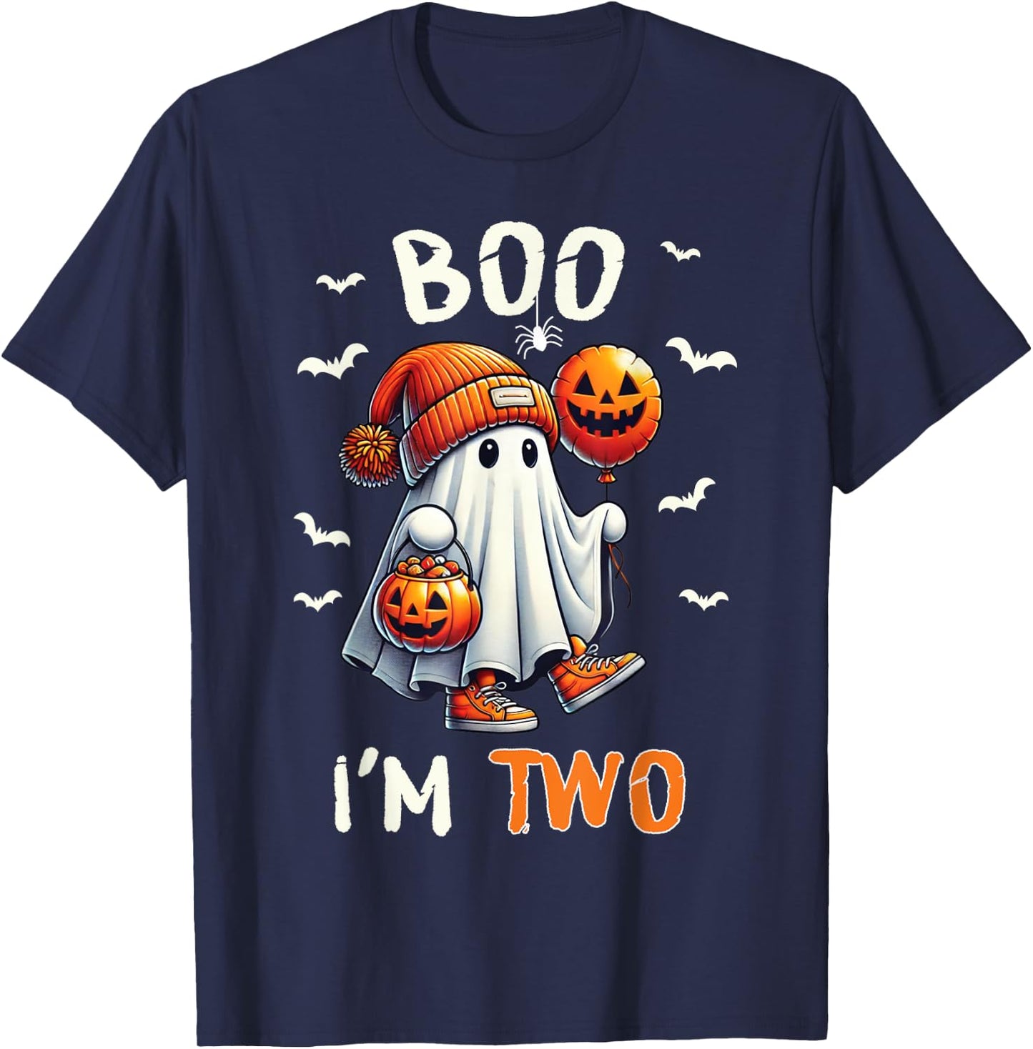 Boo I'm Two Ghost 2nd Birthday Halloween Boy Kids Groovy T-Shirt - T-Shirt | Navy