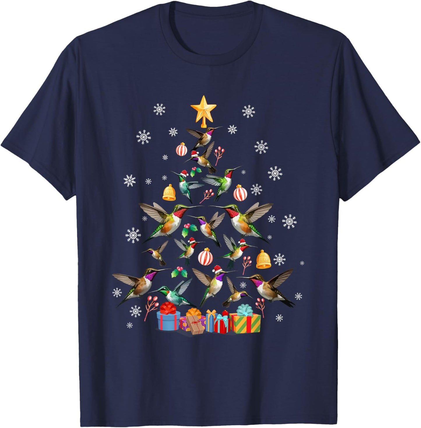 Funny Xmas Celebration Party Family Friends -Kids Teens Adults Hummingbird Christmas Tree Black T-Shirt - T-Shirt | Navy