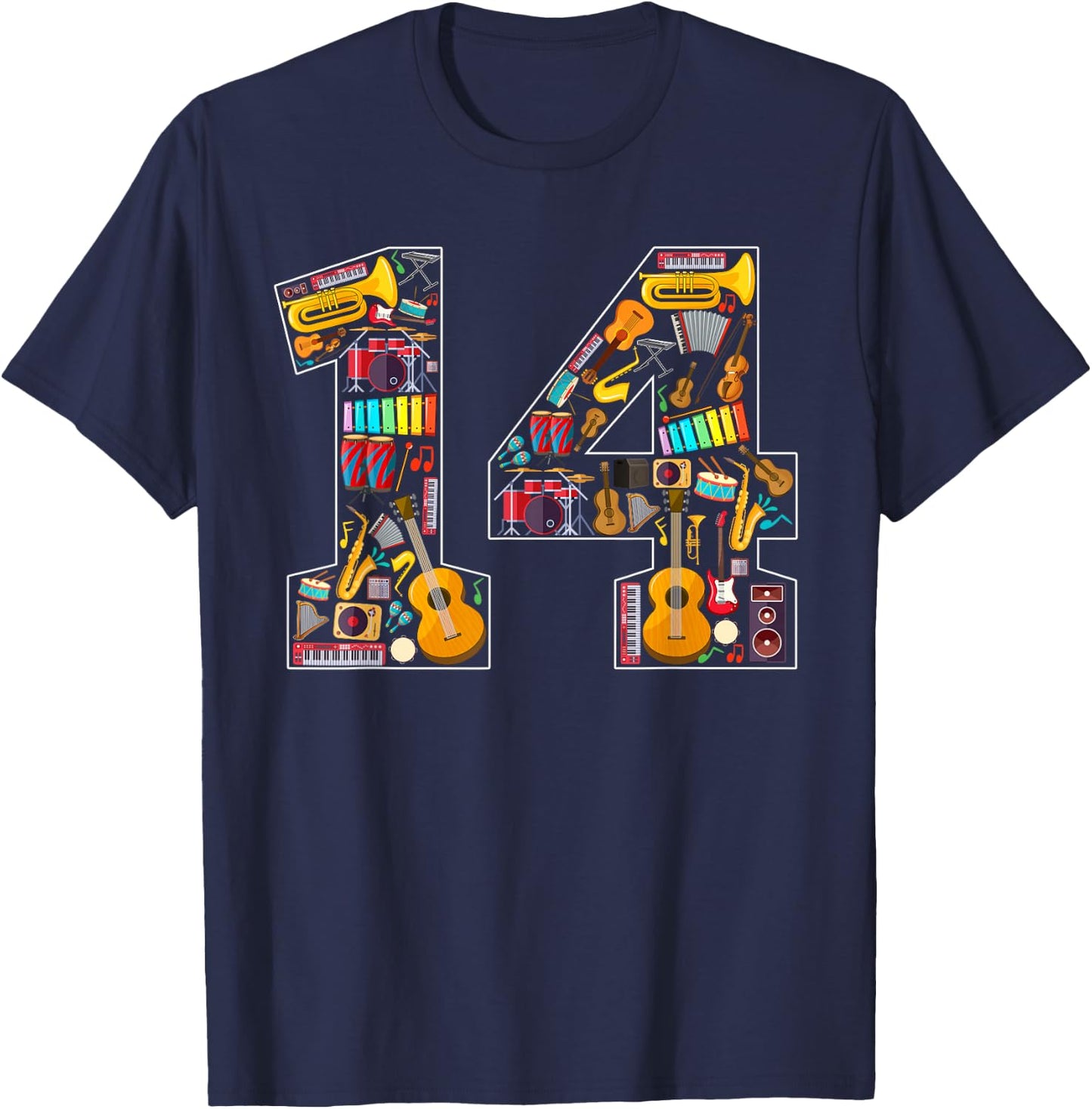 14th Birthday Musical Instruments Theme 14 Year Old Party T-Shirt - T-Shirt | Navy