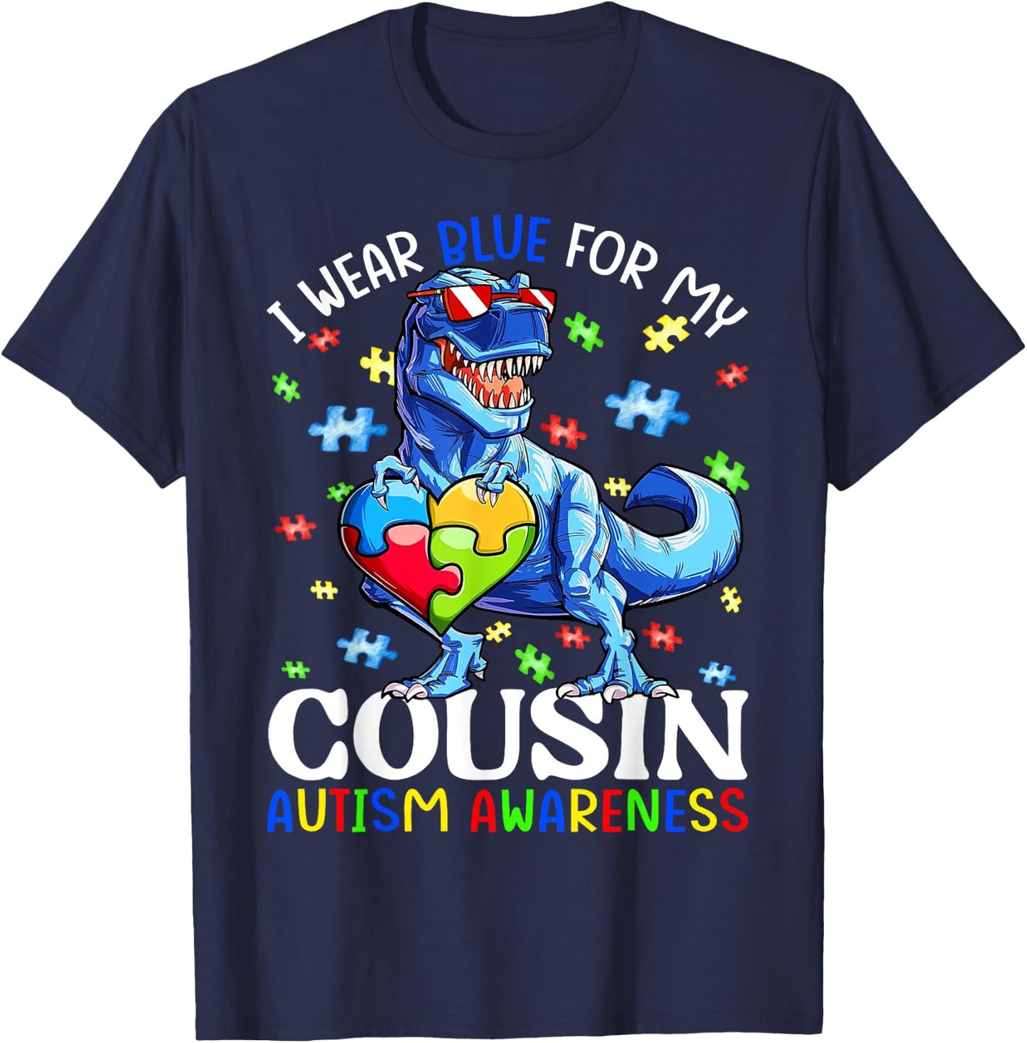 I Wear Blue For My Cousin Autism Awareness Dinosaur Boys T-Shirt - T-Shirt | Navy