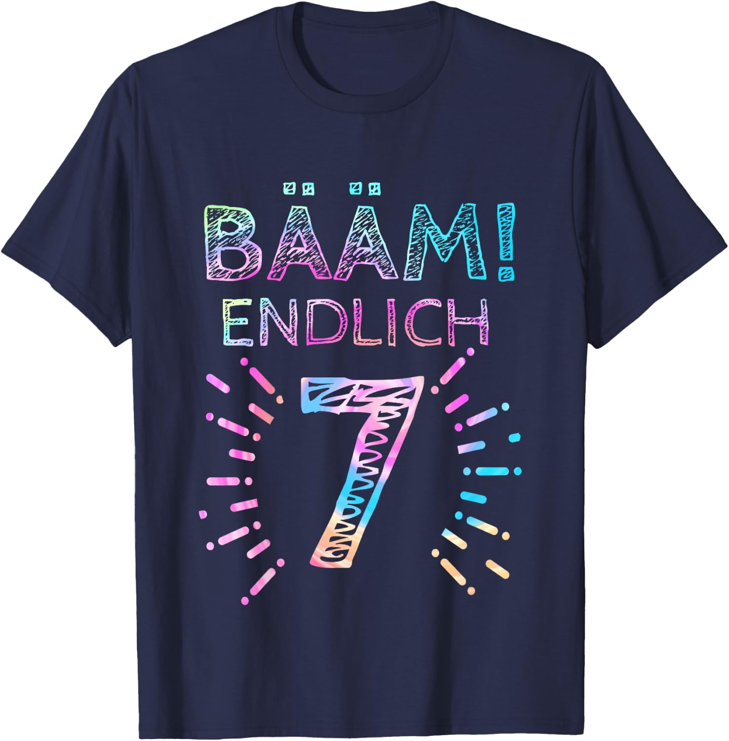with German Text "Kinder Bääm! Endlich 7 Jahre 7th Birthday Seven Seventh Girl" , black T-Shirt - T-Shirt | Navy