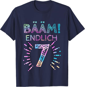 with German Text "Kinder Bääm! Endlich 7 Jahre 7th Birthday Seven Seventh Girl" , black T-Shirt - T-Shirt | Navy