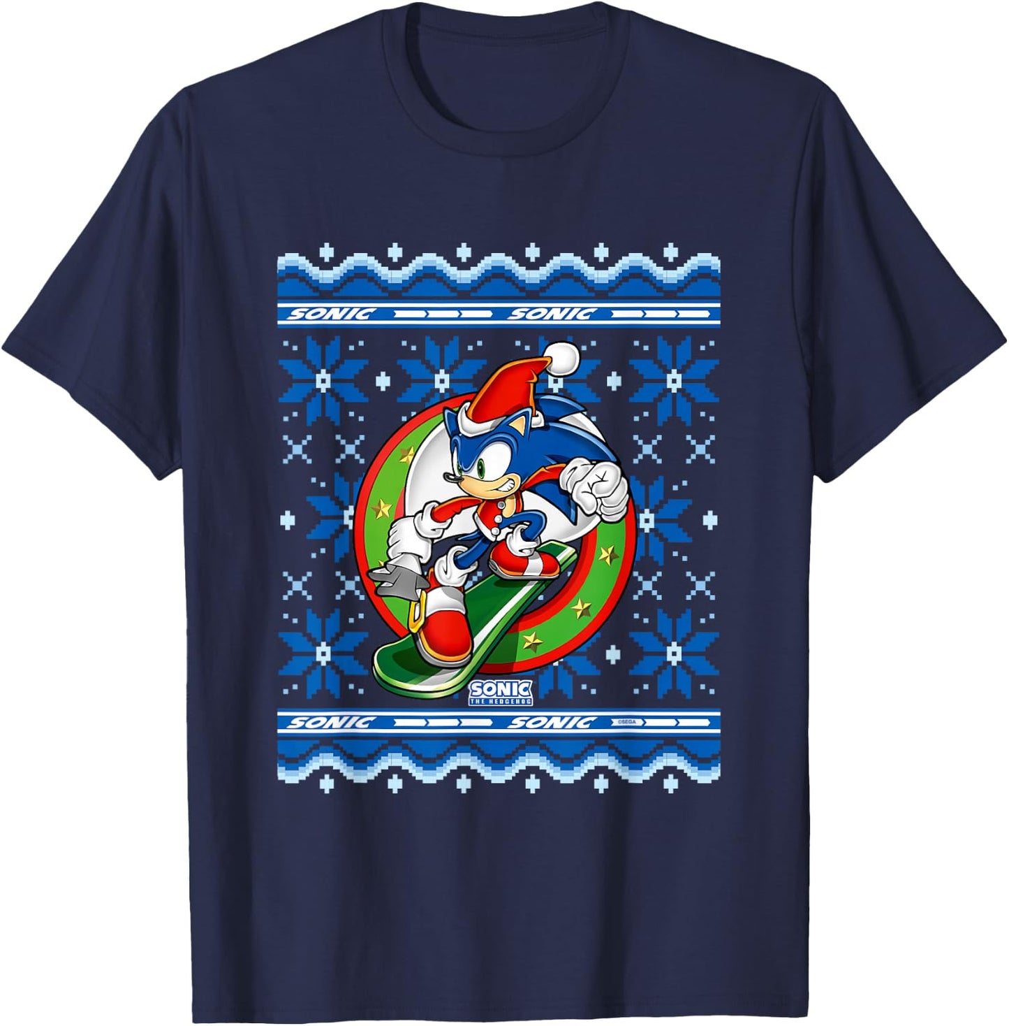 Sonic The Hedgehog Christmas Shredding Sonic Ugly Sweater T-Shirt - T-Shirt | Navy