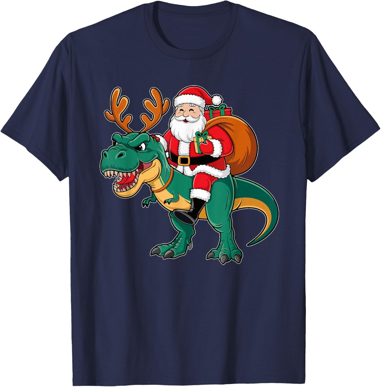 Funny Christmas Santa Riding Trex Kids Christmas Boys T-Shirt - T-Shirt | Navy