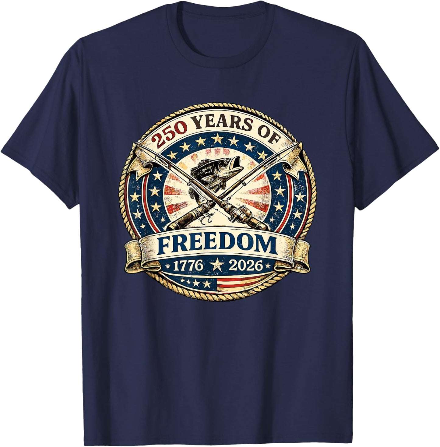 Patriotic Bass Fishing Reels 250 Years of Freedom Fishing T-Shirt - T-Shirt | Navy