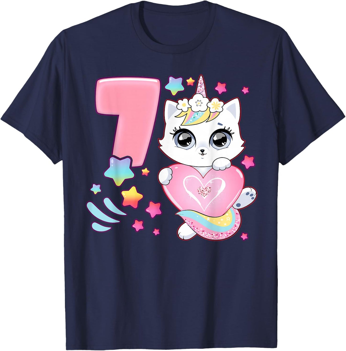 Geburtstag Mädchen 7 Jahre, Katze, Einhorn, 7. Geburtstag T-Shirt - T-Shirt | Navy