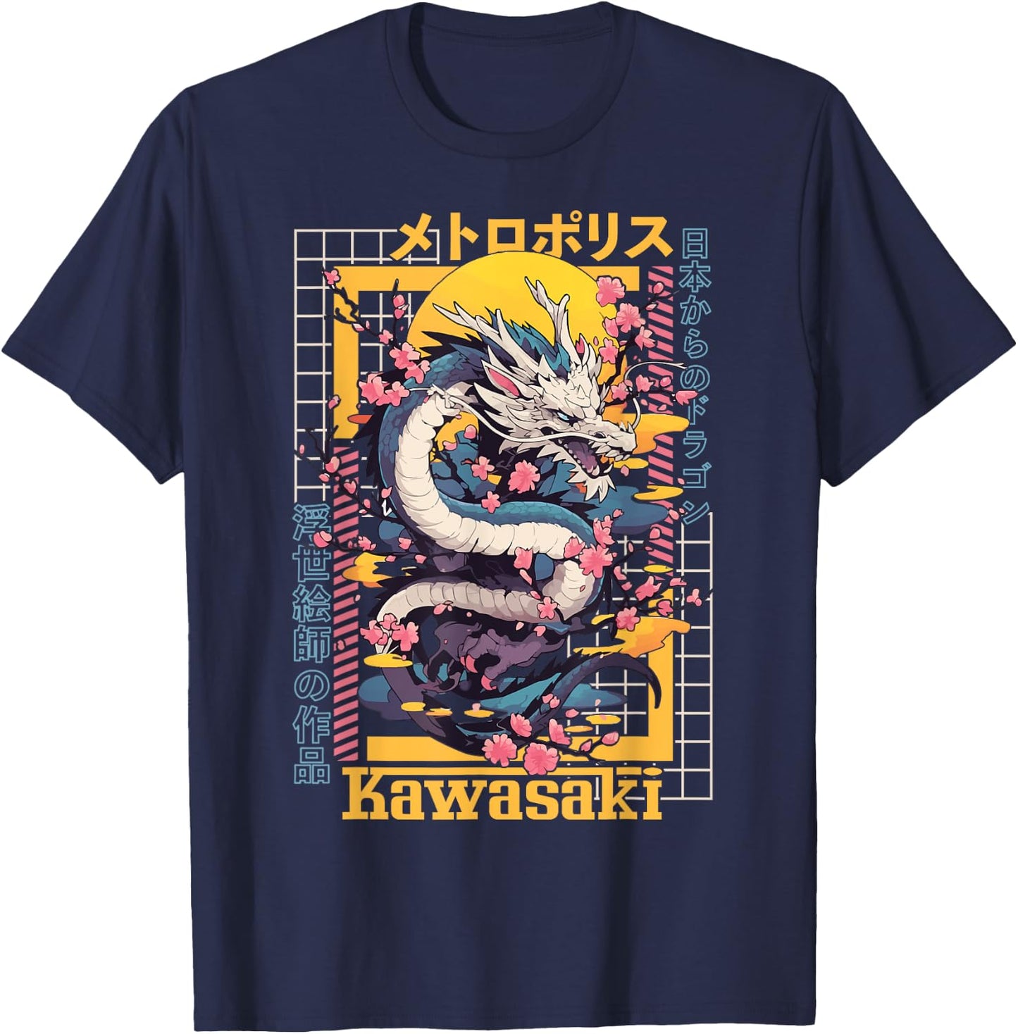 Kawasaki City Synthwave 80s Dragon Asian Vaporwave T-Shirt - T-Shirt | Navy