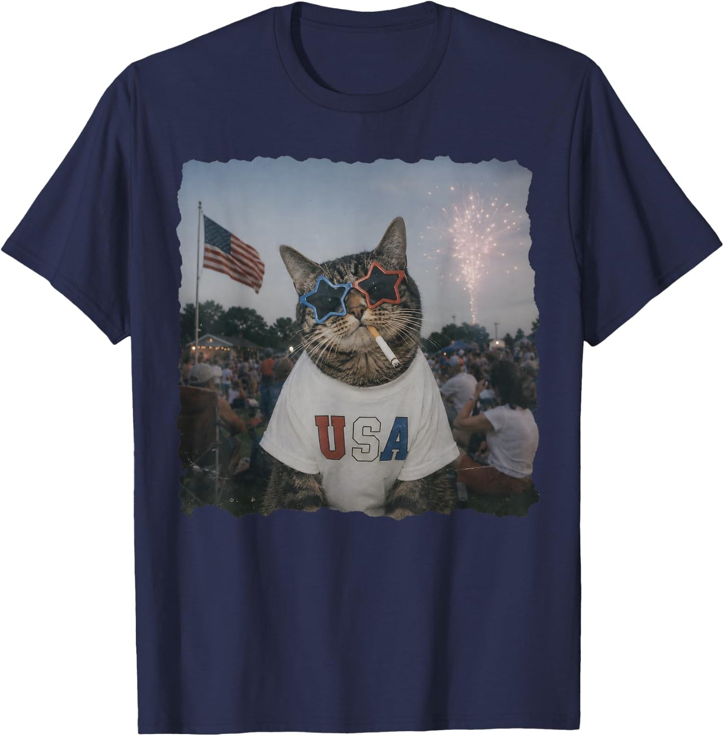 Patriotic Cat Smoking Sunglasses Meme Funny 4th of July T-Shirt - T-Shirt | Navy