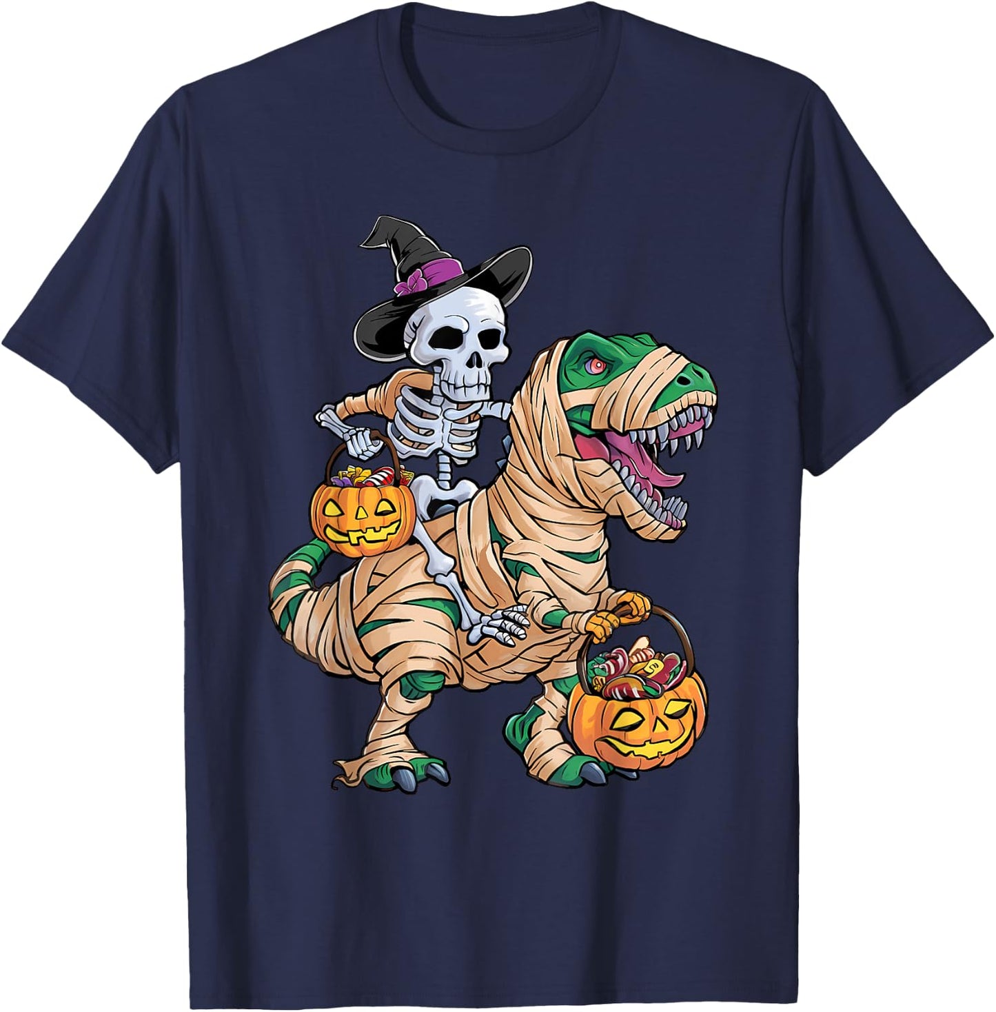 Skeleton Riding Mummy Dinosaur T rex Halloween Funny Kid Boy T-Shirt - T-Shirt | Navy